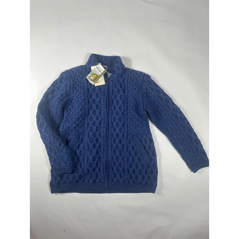 Aran Crafts Merino Wool Plated Zip Cardigan Blue Marl Womens L Made in Ireland - Picture 9 of 9